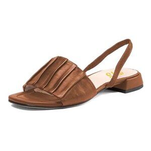 FYS Fashion Square Open Toe Slingback Sandals Pleated One Band Low Block Heels